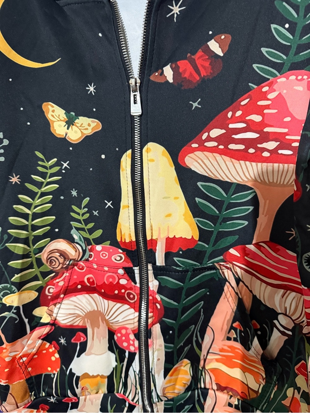 Black Mushroom Print Zip-Up Hoodie Jacket - Picture 3 of 4